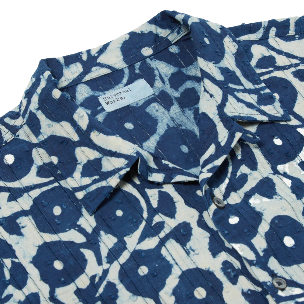 Universal Works Road Shirt In Indigo Hand Print Cotton Collar Detail Image