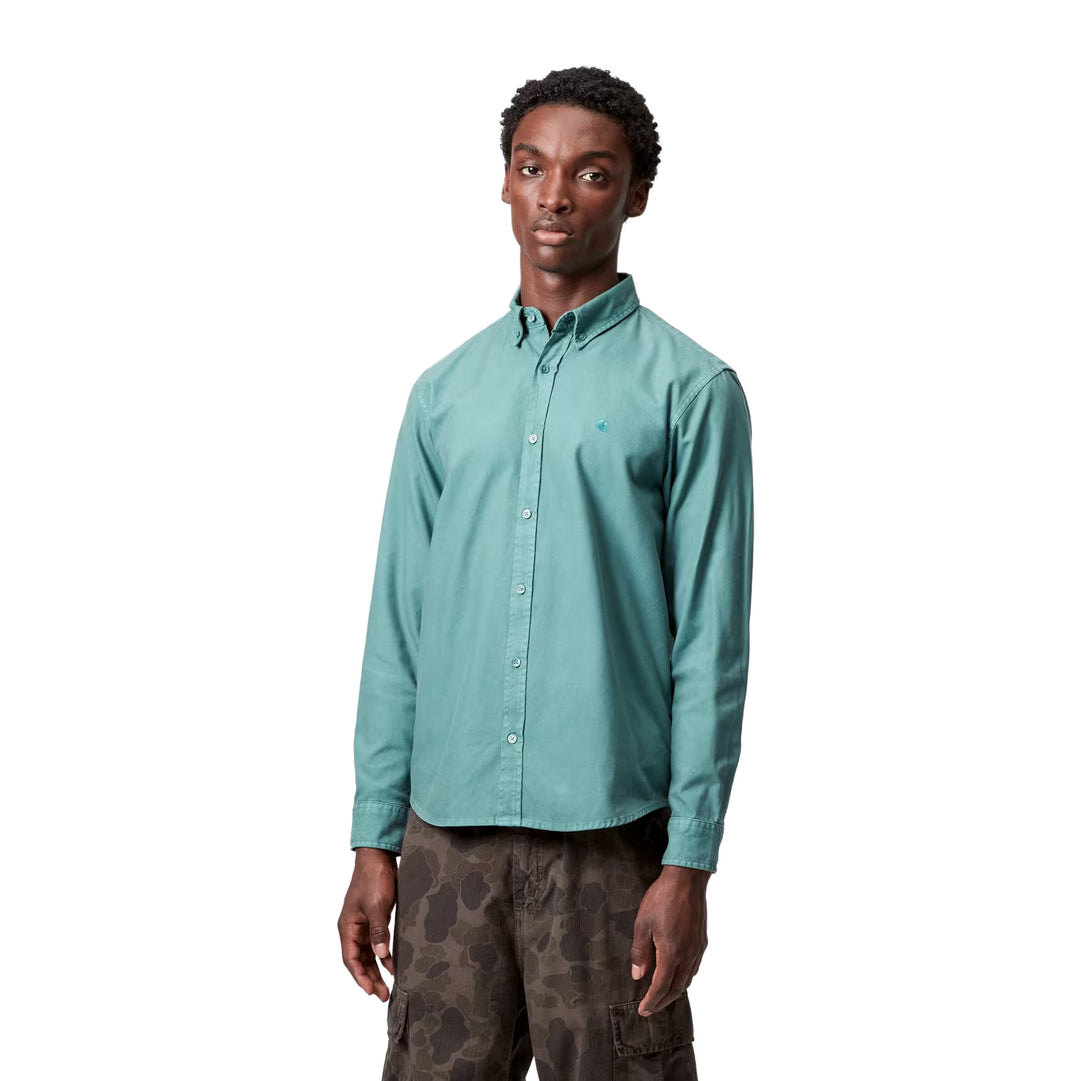 Carhartt WIP L/S Bolton Oxford Shirt Silver Pine Model Front
