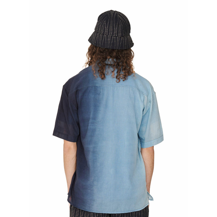YMC Mitchum Short Sleeve Shirt Blue Model Back Image