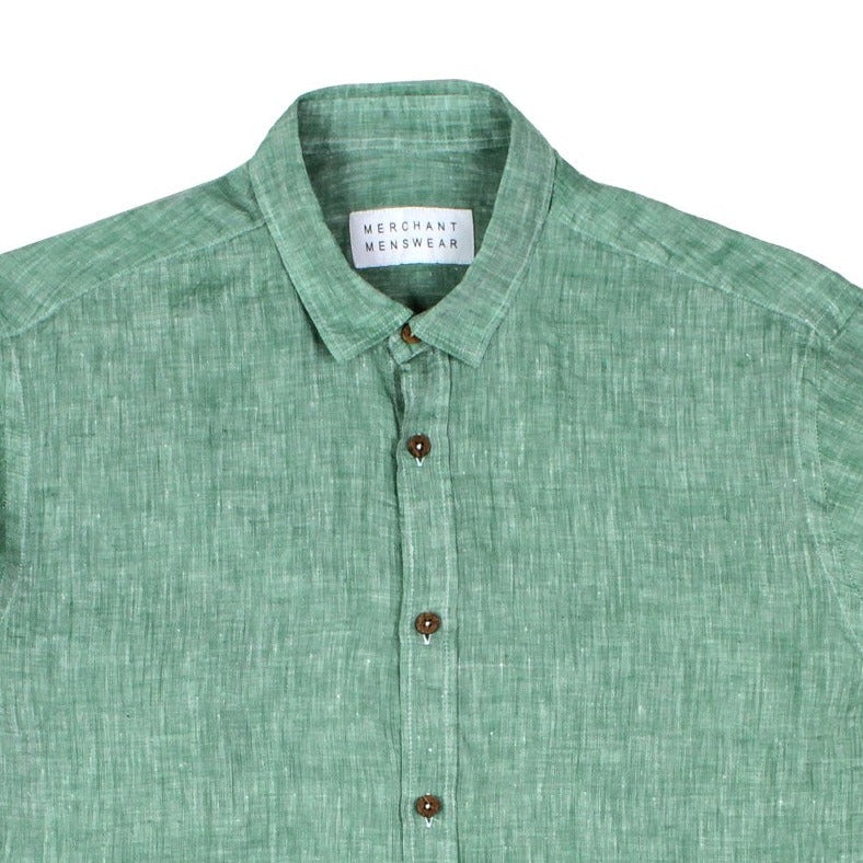Merchant Menswear Mercante Linen Shirt Tuscan Green Collar Detail Image