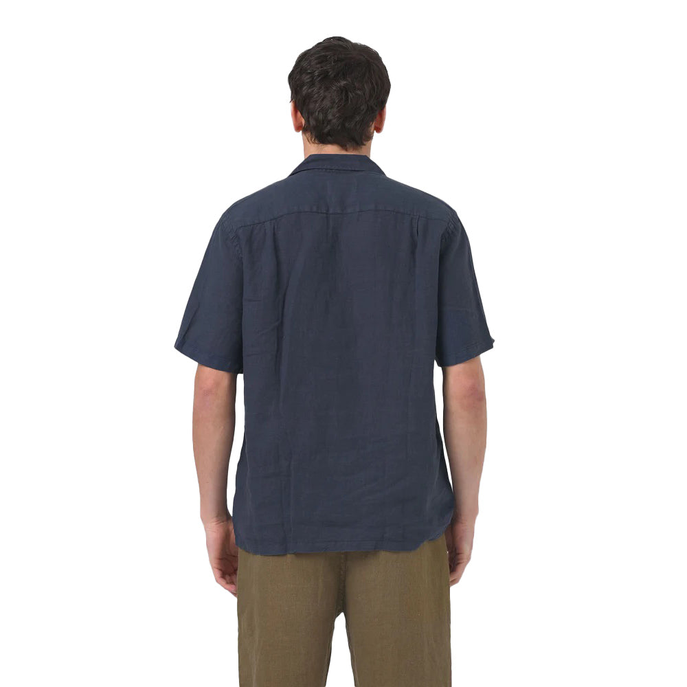 Portuguese Flannel Linen Camp Collar Shirt Navy Model Back View