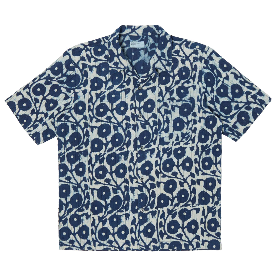 Universal Works Road Shirt In Indigo Hand Print Cotton Front View