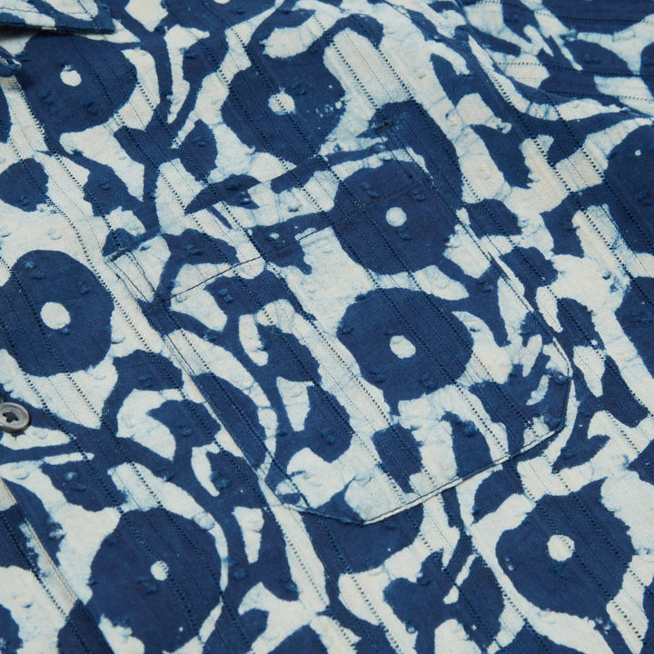 Universal Works Road Shirt In Indigo Hand Print Cotton Fabric Detail Image
