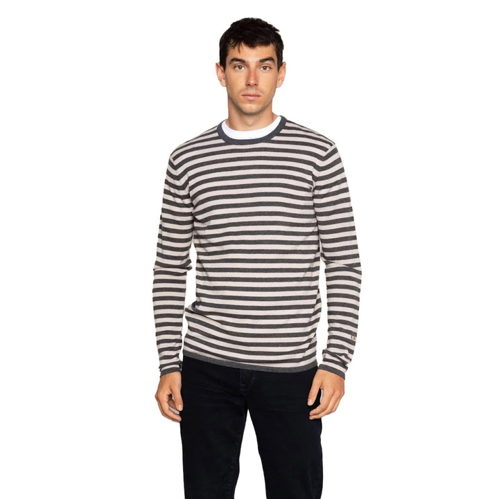 Mos Mosh Gallery MMG Adam Soft Stripe Knit Charcoal Melange Stripe Model Front