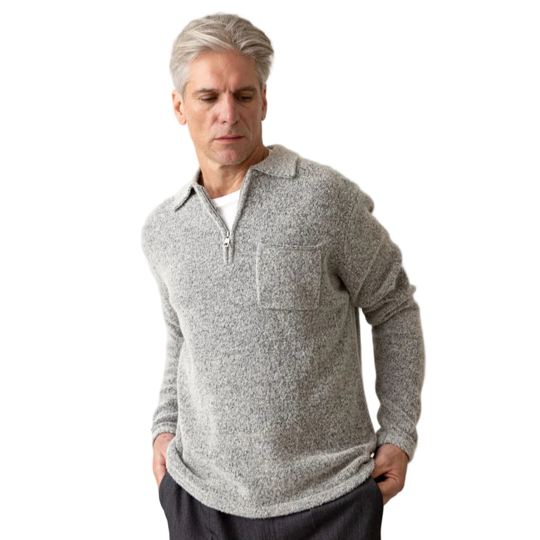 Mos Mosh Gallery Ryan Soft Zip Polo Pullover Light Grey Model Front