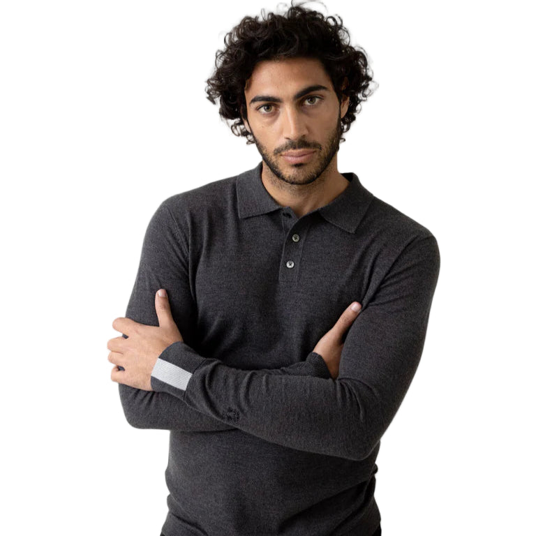 Mos Mosh Gallery Adam Soft L/S Polo Knit Charcoal Melange Model Close Up