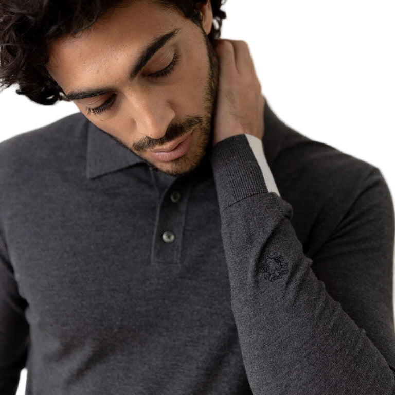 Mos Mosh Gallery Adam Soft L/S Polo Knit Charcoal Melange Model