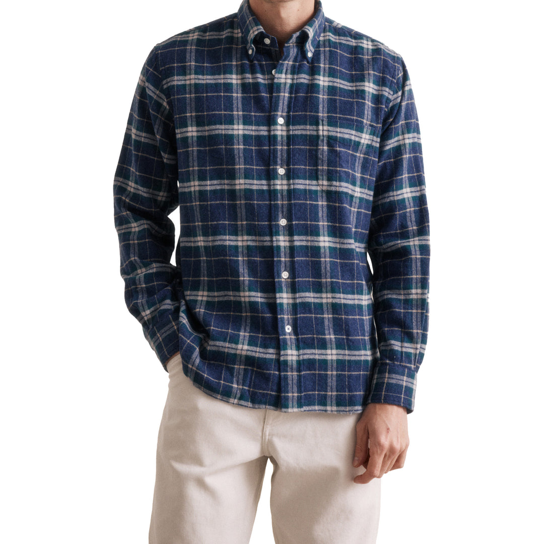 Hartford Pitt Woven Flannel Shirt Blue & Green Check Front