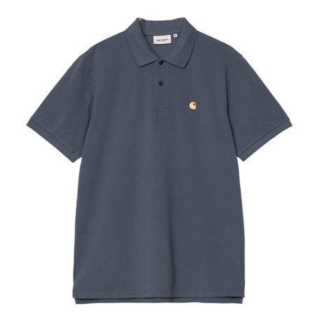 Carhartt WIP Chase Pique Garment Wash Polo Dusky Blue  Gold Front