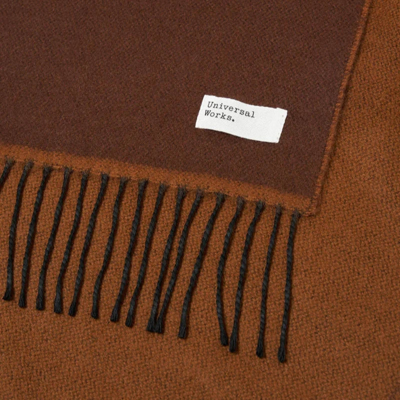 Universal Works Double Sided Scarf Brown Fringe Label