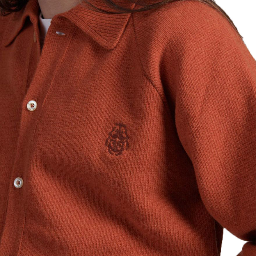 Edwin Mars Polo Cardigan Knit Orange Garment Wash Close Uo