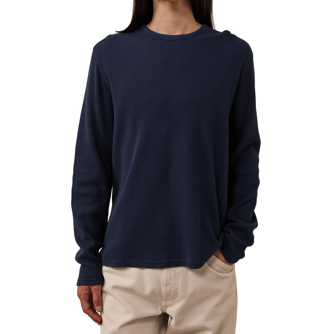 Hartford Knitted Waffle LS Crew Tee Dark Navy Front