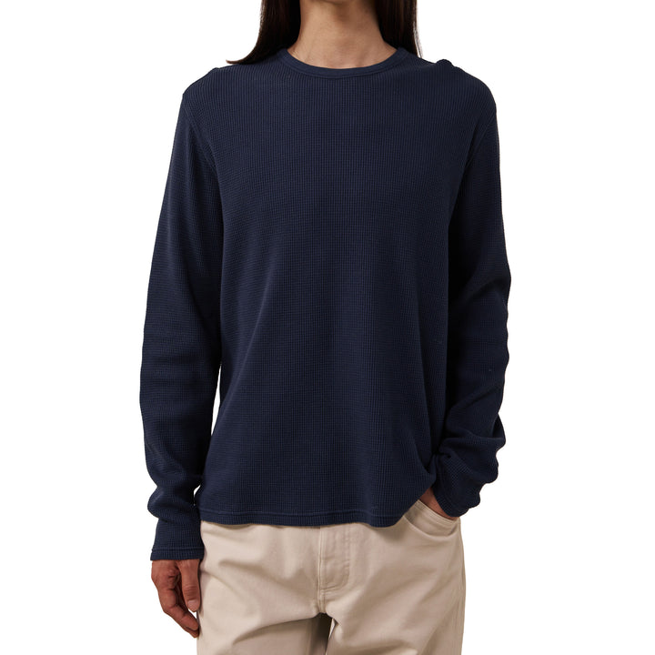 Hartford Knitted Waffle LS Crew Tee Dark Navy Front