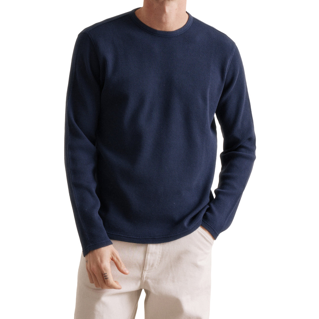 Hartford Knitted Waffle LS Crew Tee Dark Navy Model Front