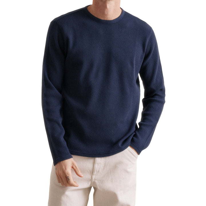 Hartford Knitted Waffle LS Crew Tee Dark Navy Model Front
