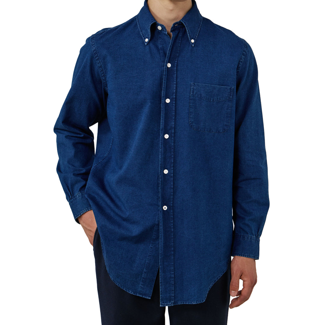 Hartford OCBD Woven Flannel Shirt Indigo Front