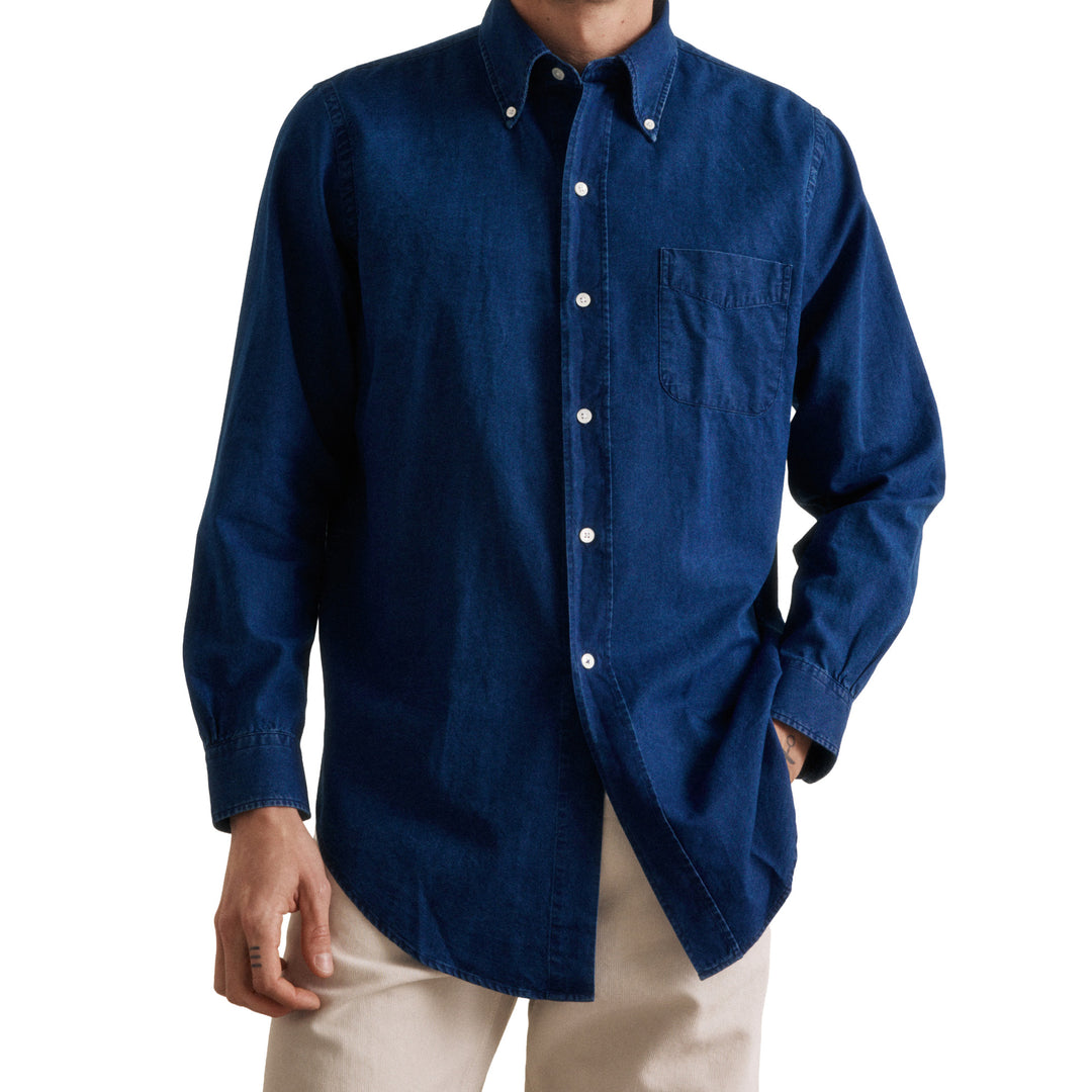 Hartford OCBD Woven Flannel Shirt Indigo Model Front
