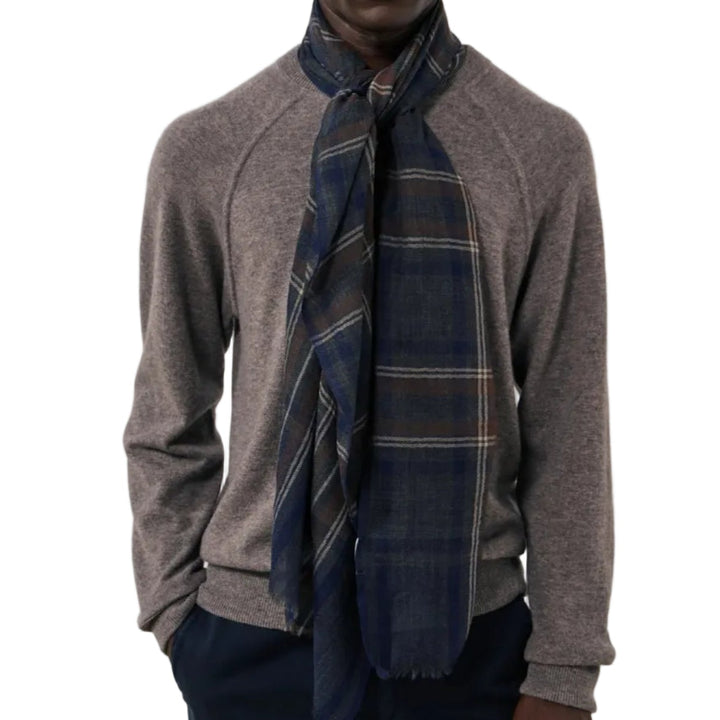 Hartford Wool Tartan Scarf Indigo Grey Camel Model