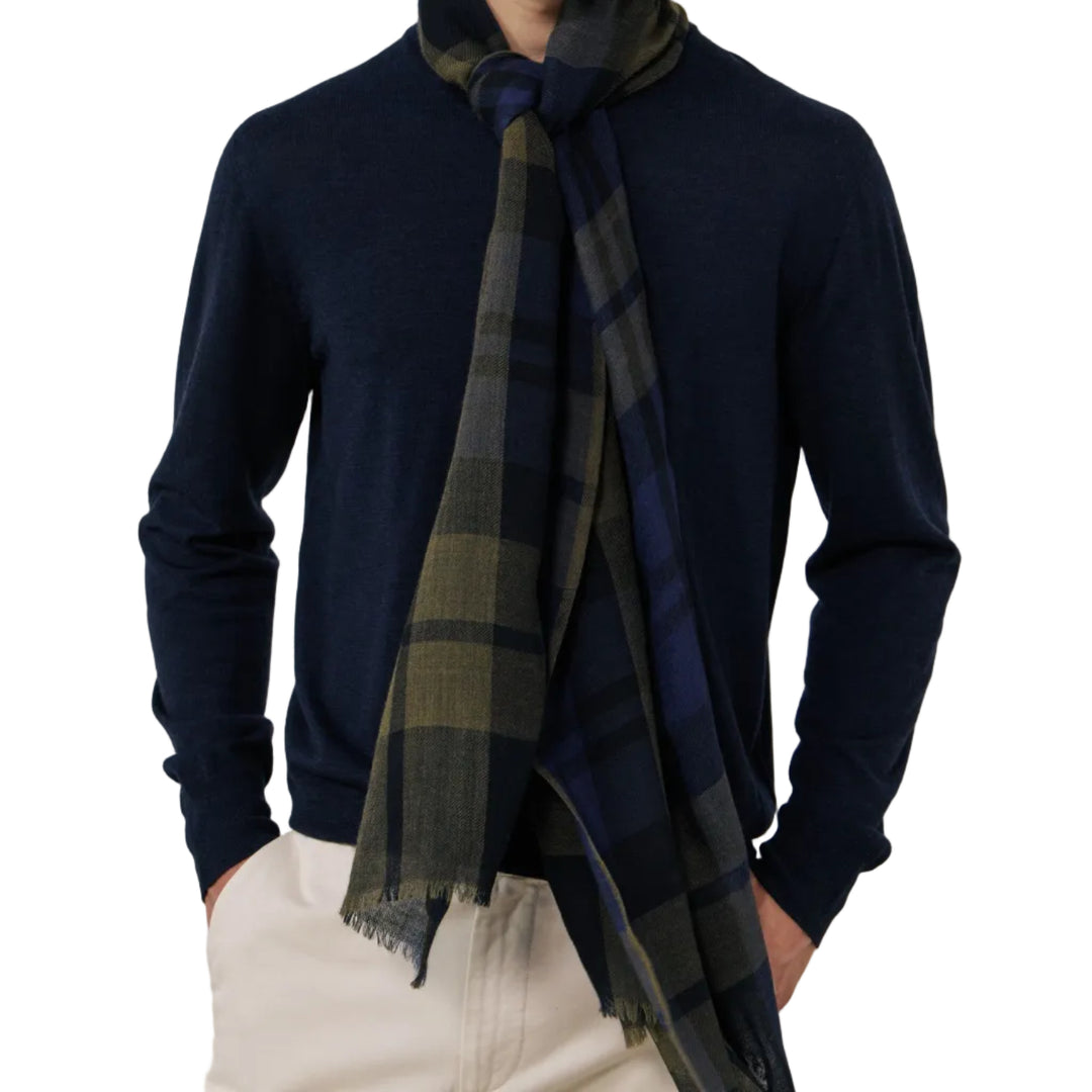 Hartford Wool Tartan Scarf Navy/Indigo/Olive Model