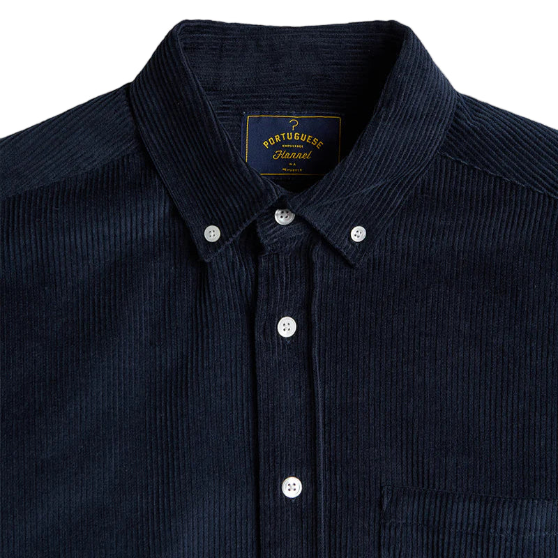 Portuguese Flannel Lobo Navy Cord Shirt Navy Collar Close Up
