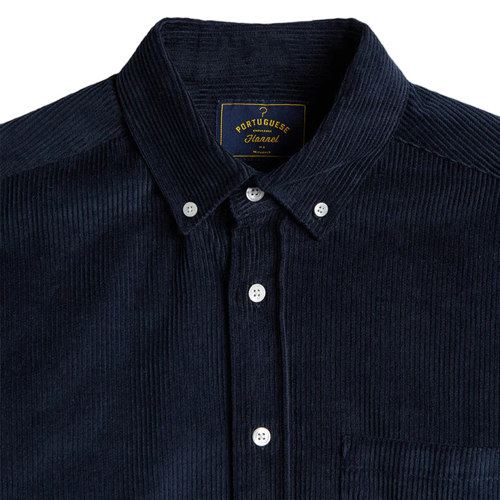 Portuguese Flannel Lobo Navy Cord Shirt Navy Collar Close Up