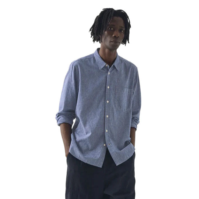 Toast Menswear Cotton Linen Chambray Shirt Chambray Blue Model Front Image