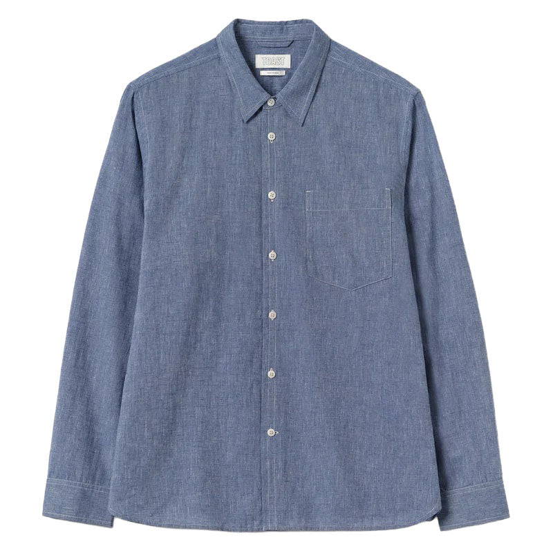 Toast Menswear Cotton Linen Chambray Shirt Chambray Blue Front