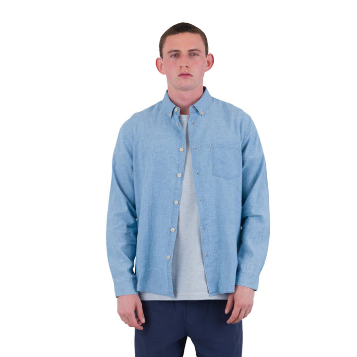 Folk Microcheck Relaxed Fit Shirt Indigo Model Front Image