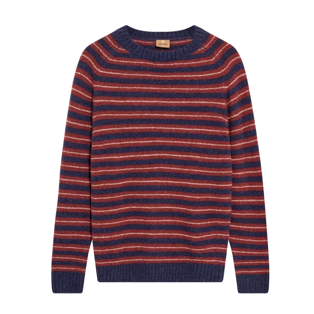 Mos Mosh Gallery Carlos Stripe Crew Knit Indigo Blue Melange Front