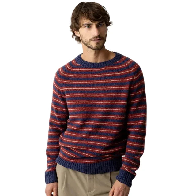 Mos Mosh Gallery Carlos Stripe Crew Knit Indigo Blue Melange Back Model