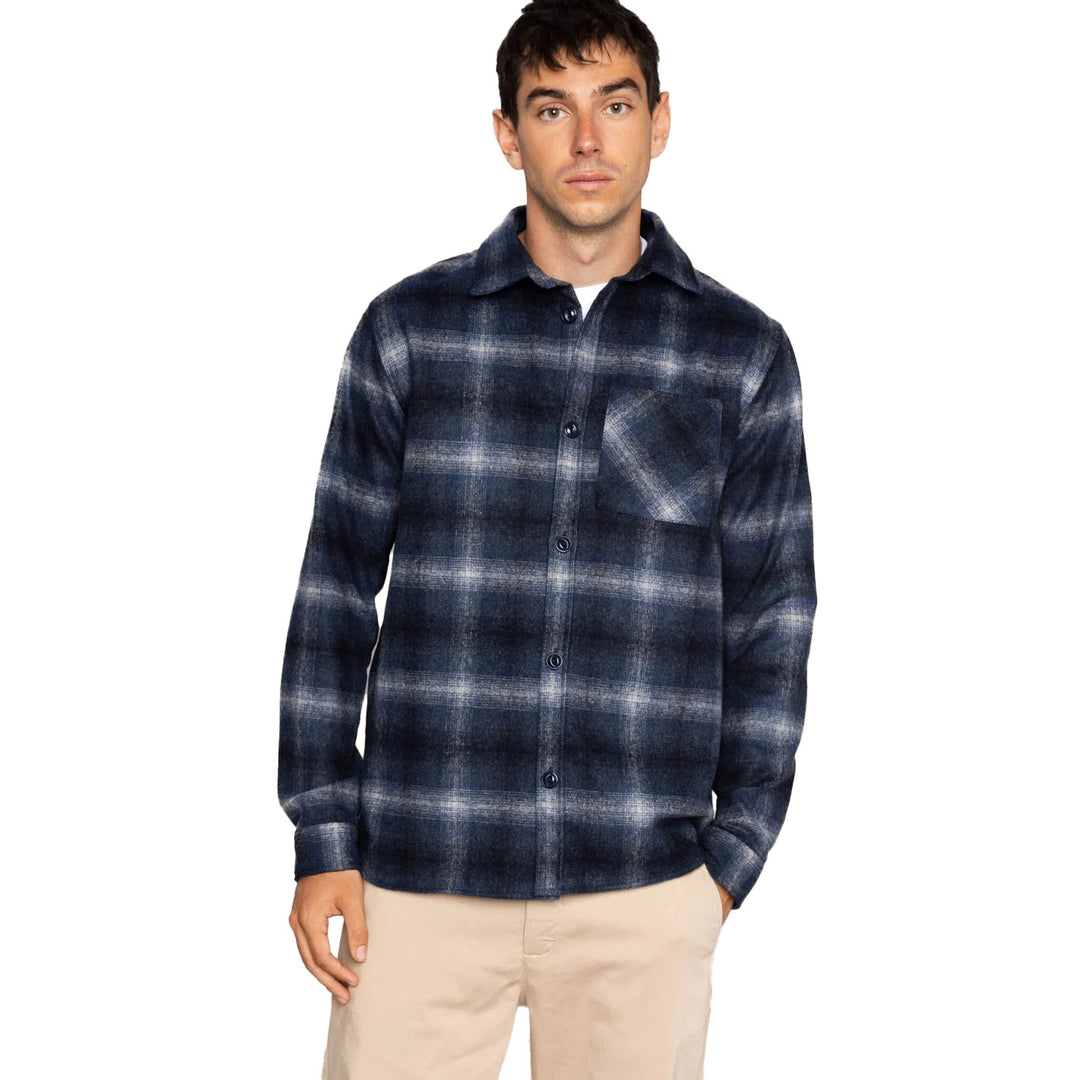 Mos Mosh Gallery David Wool Check Shirt Navy Check Model Front