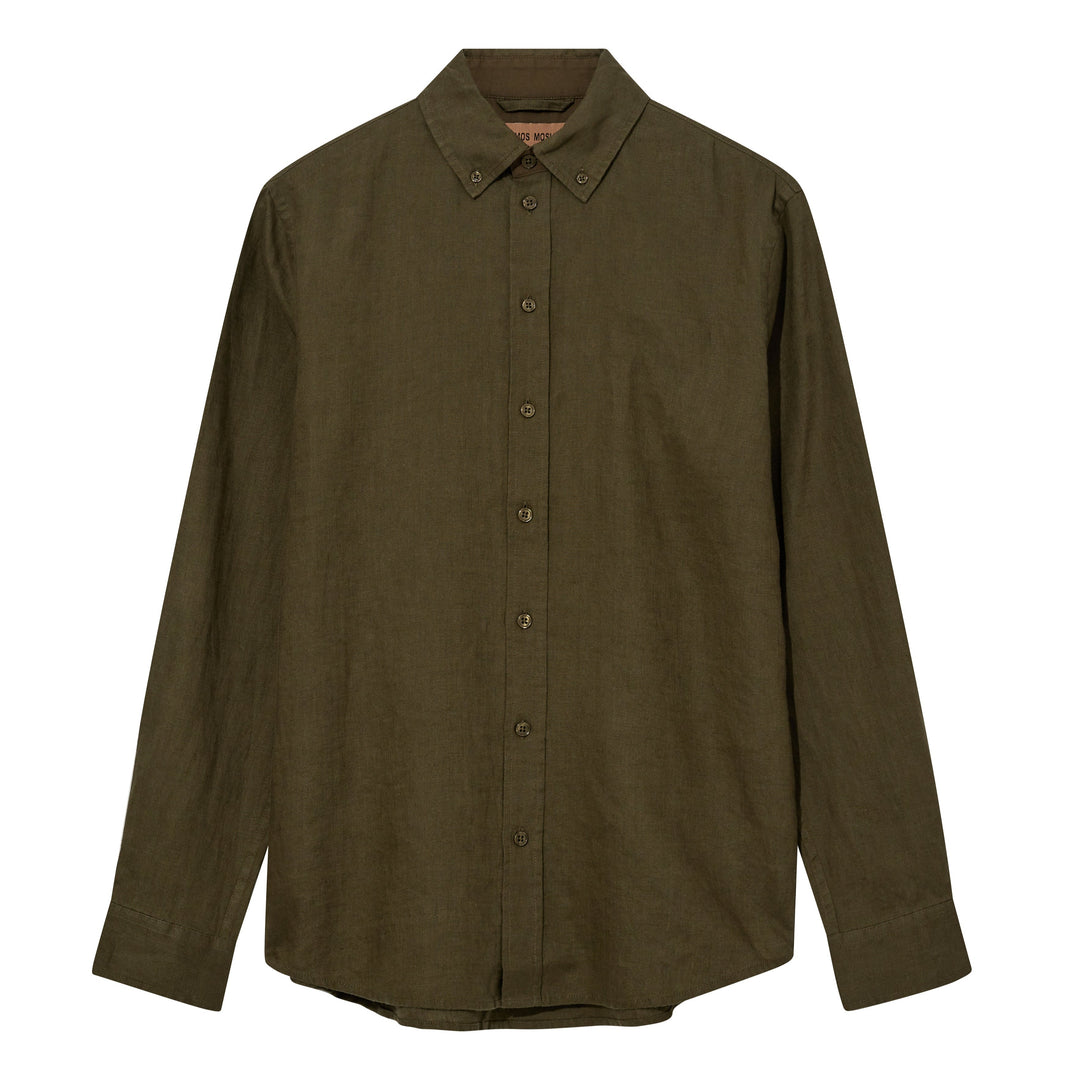 Mos Mosh Gallery Theo Linen Shirt DK Army Green Front Image