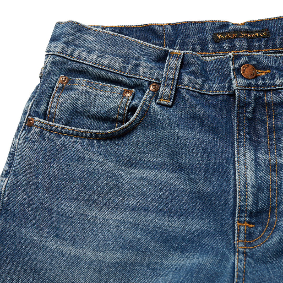 Nudie Jeans Gritty Jackson Blue Traces Front Details Close Up Image