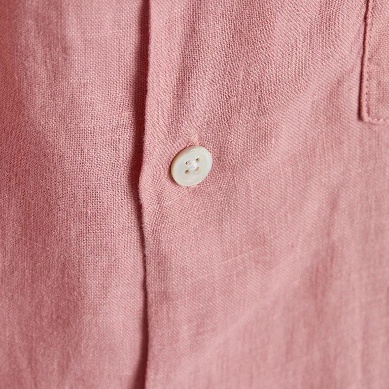 Portuguese Flannel Linen Camp Collar Shirt Rose Close Up Detail Image