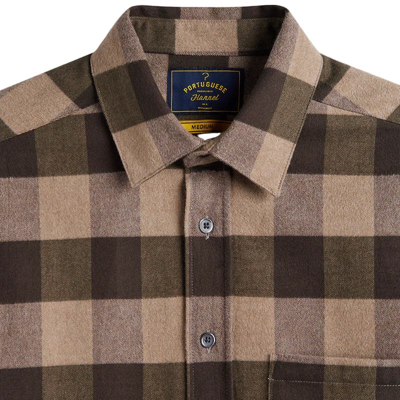 Portuguese Flannel Woody Check Shirt Olive  Sand Collar Close Up