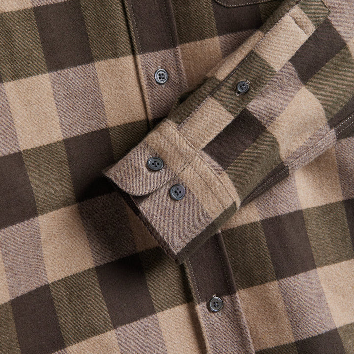 Portuguese Flannel Woody Check Shirt Olive  Sand Cuff Detail