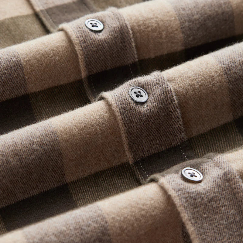 Portuguese Flannel Woody Check Shirt Olive  Sand Fabric