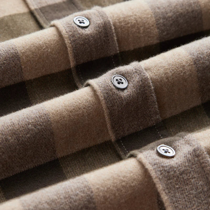 Portuguese Flannel Woody Check Shirt Olive  Sand Fabric