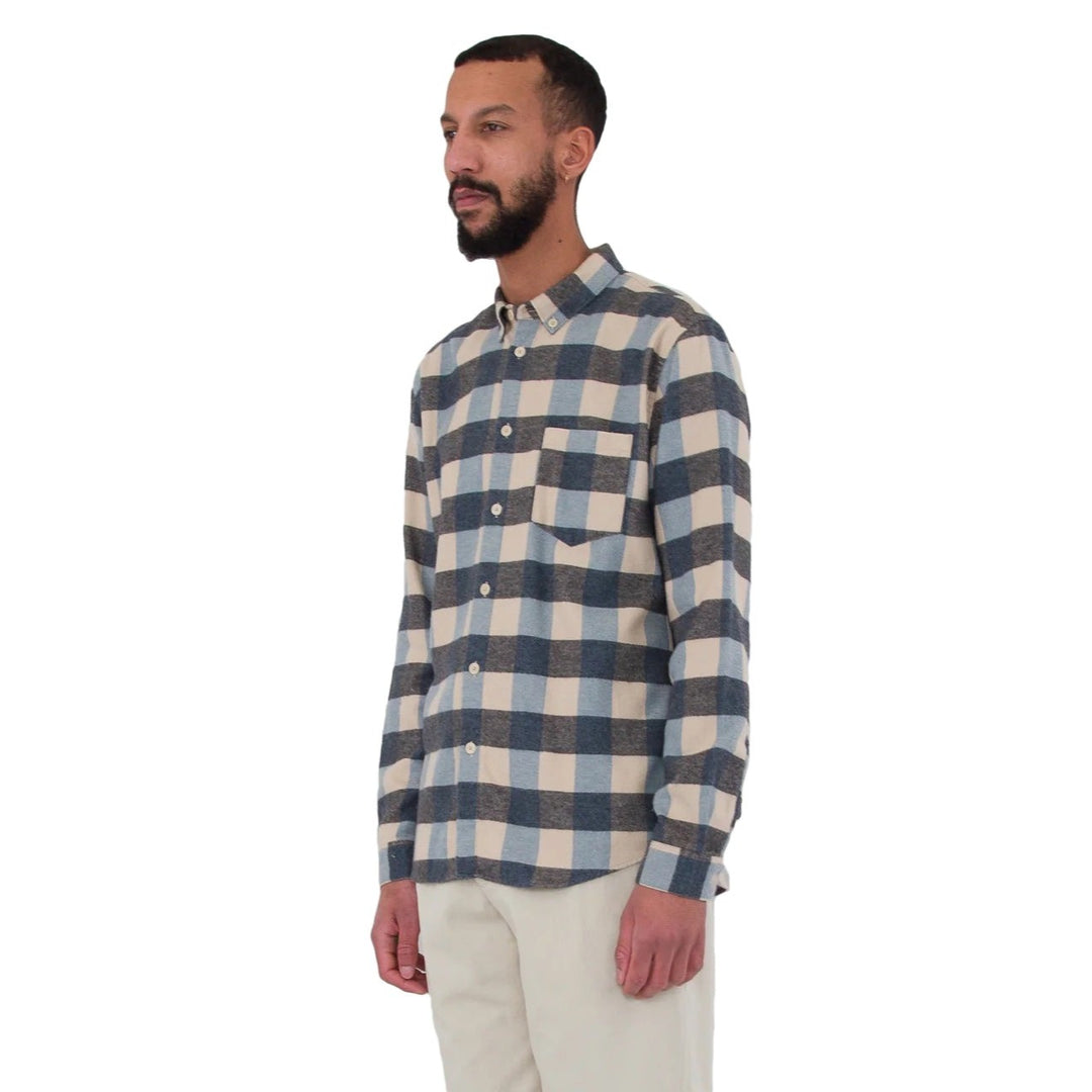 Folk Relaxed Fit Flannel Check Shirt Blue Model Side View