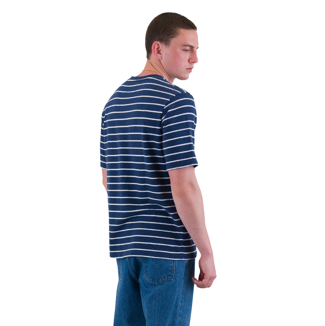 Textured Striped Tee Soft Navy_Ecru Model Back Image