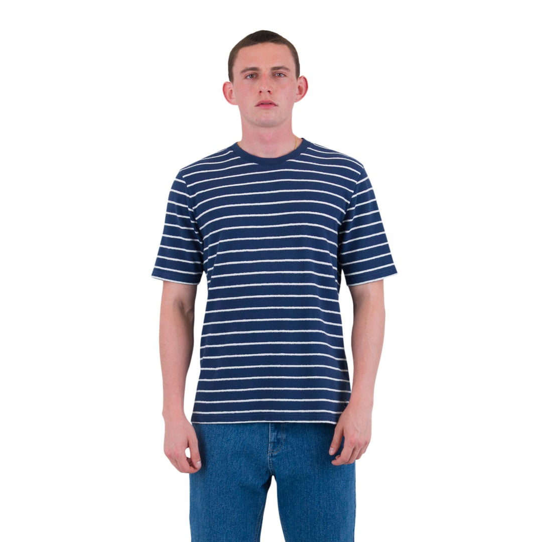 Textured Striped Tee Soft Navy_Ecru Model Front Image