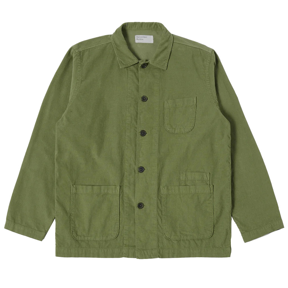 Universal Works Bakers Overshirt Fine Cord Olive Front View