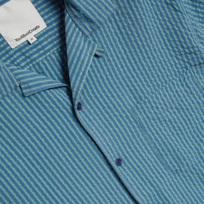 YMC Malick Shirt Blue Green Close Up Image