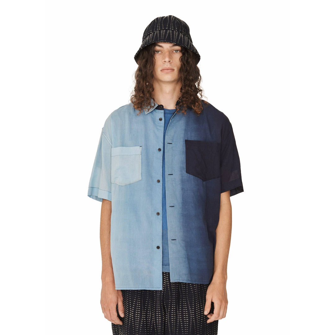 YMC Mitchum Short Sleeve Shirt Blue Model Front Image