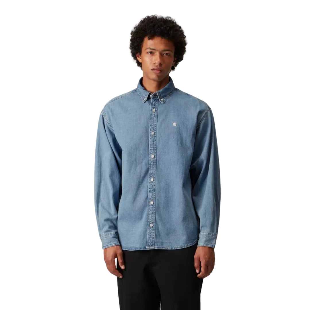 Carhartt WIP L/S Lucas Shirt Cotton Denim Blue Bleached - Merchant Menswear
