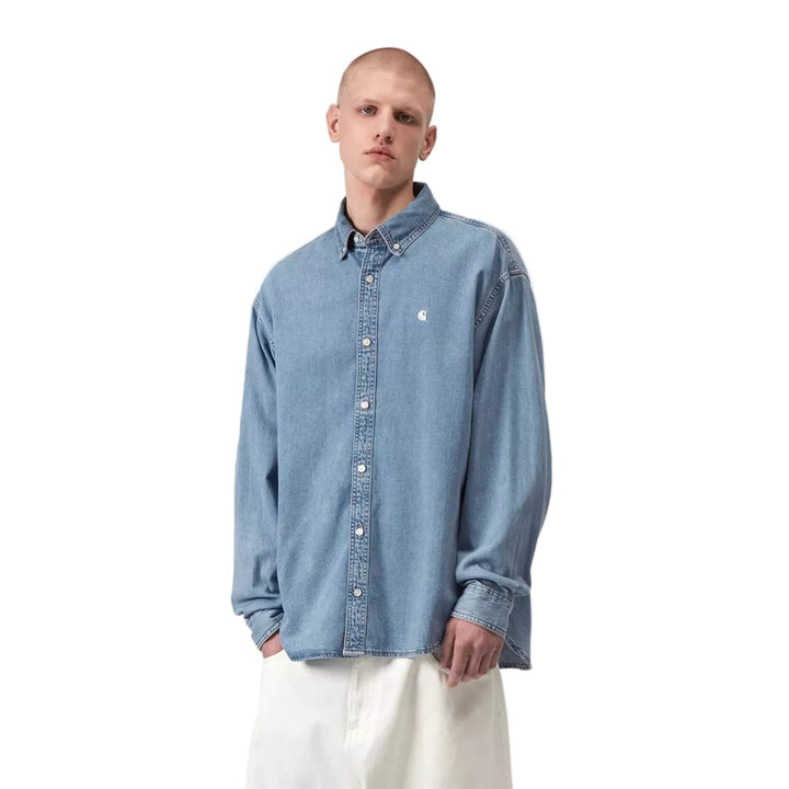 Carhartt WIP L/S Lucas Shirt Cotton Denim Blue Bleached - Merchant Menswear