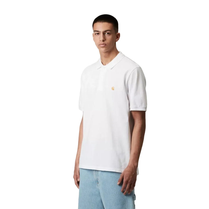 Carhartt WIP S/S Chase Pique Polo White/Gold - Merchant Menswear