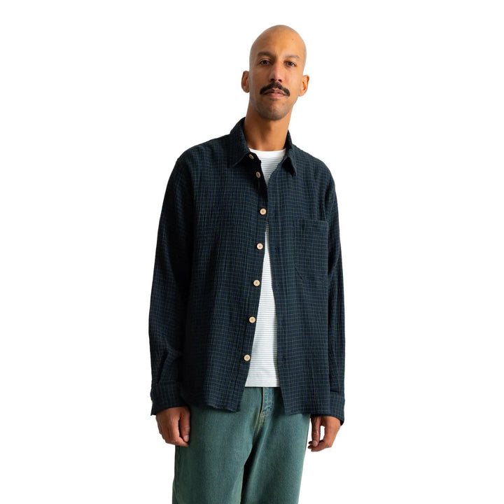 Folk Easy Fit Navy Crinkle Check Shirt - Merchant Menswear