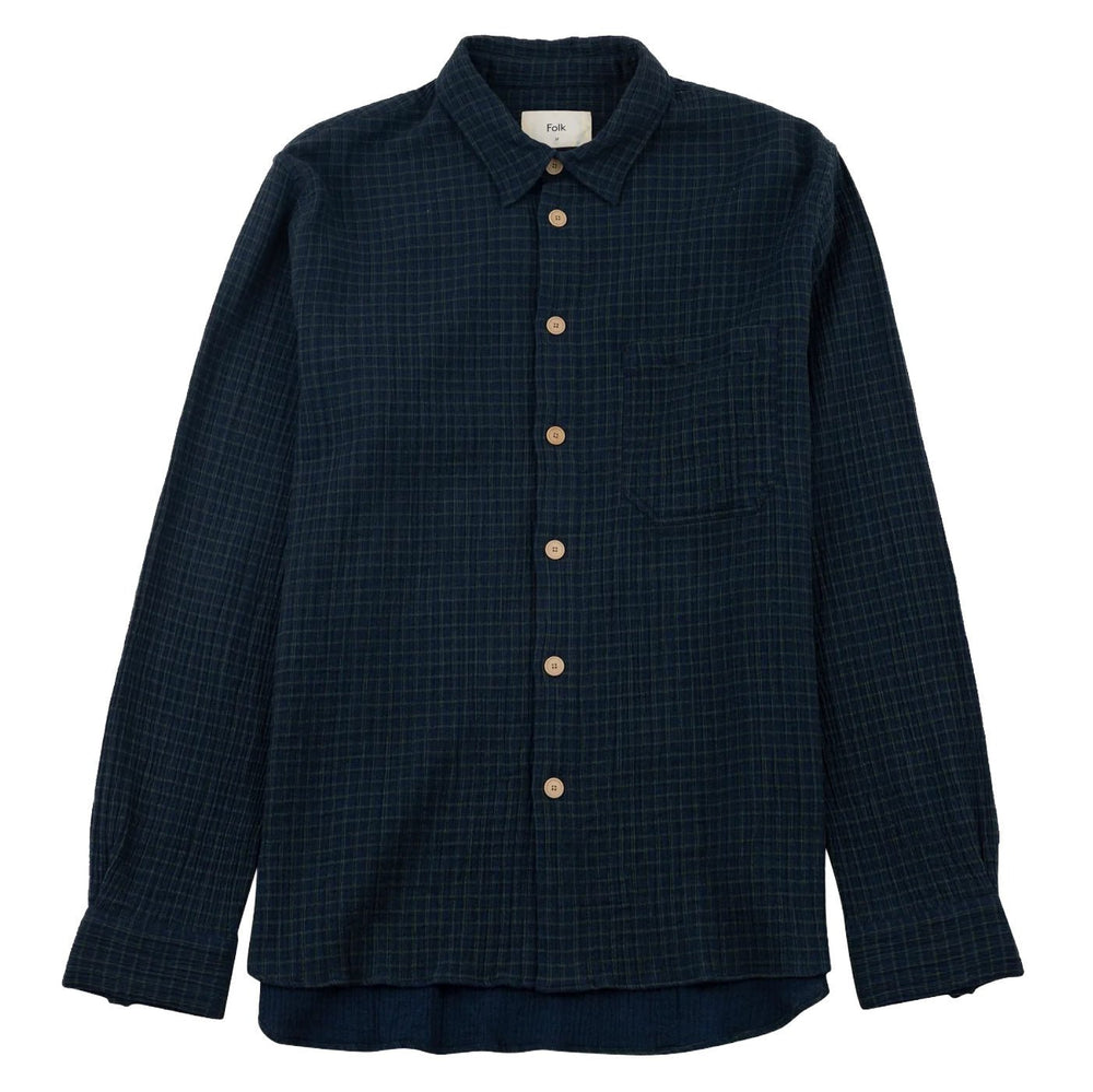 Folk Easy Fit Navy Crinkle Check Shirt - Merchant Menswear