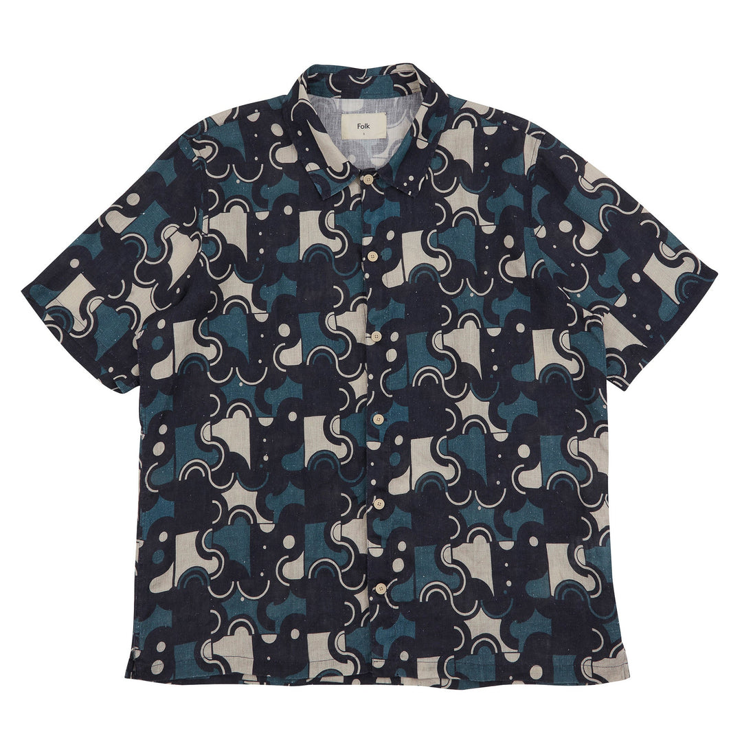 Folk Gabe Shirt Coil Print Indigo - Merchant Menswear